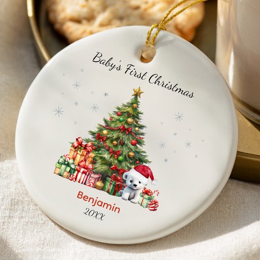 Cute baby first Christmas tree presents teddy bear Keramik Ornament