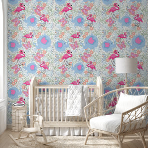 Cute Baby Flamingos Tropical Greenerity Pattern Tapete