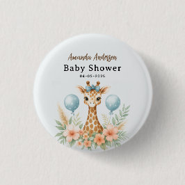 Cute Baby Giraffe Boy Baby Shower | Blue Safari Button