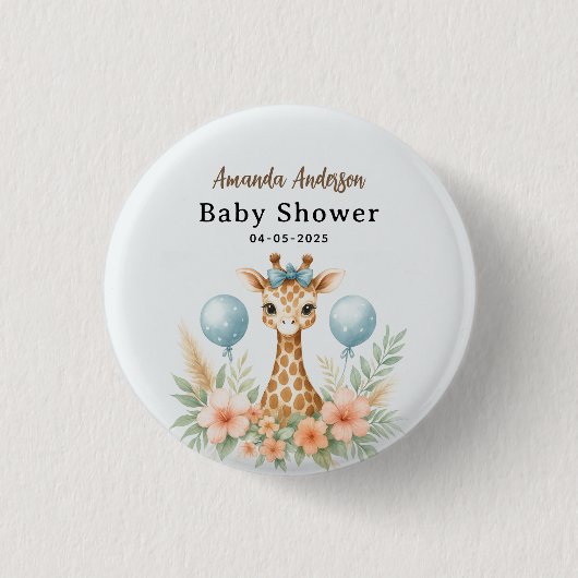 Cute Baby Giraffe Boy Baby Shower | Blue Safari Button (Vorderseite)
