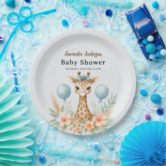 Cute Baby Giraffe Boy Baby Shower | Blue Safari Pappteller (Party)