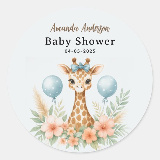 Cute Baby Giraffe Boy Baby Shower | Blue Safari Runder Aufkleber (Vorderseite)