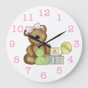 Cute Baby Girl Bear in Pink Bow+Rattle/Duck Große Wanduhr