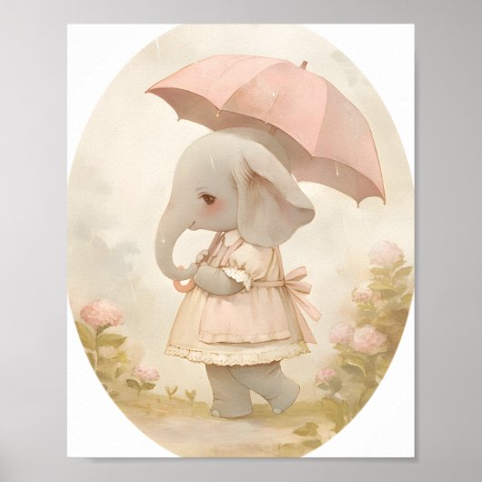 Cute Baby Girl Elephant in Rain Nursery Wall Art Poster (Vorne)