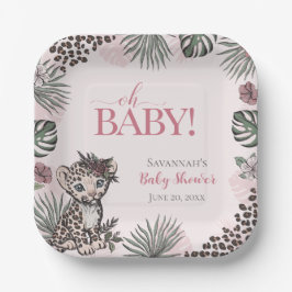 Cute Baby Girl Leopard Cub Pink Baby Shower Pappteller
