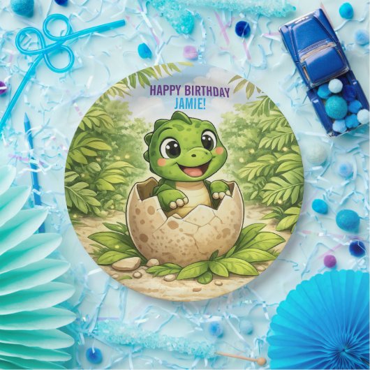 Cute Baby Hatchling Dinosaur Birthday Pappteller (Party)