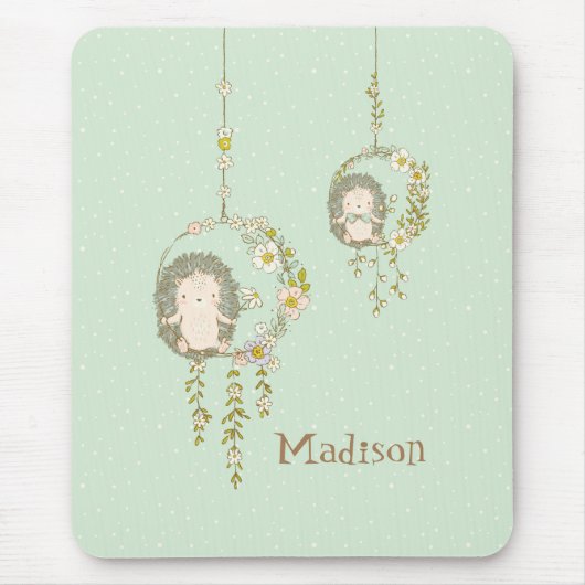 Cute Baby Hedgehog Green Name Mousepad (Vorne)