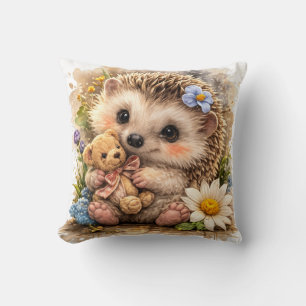 Cute Baby Hedgehog With Teddy Bear Floral Kawaii N Kissen