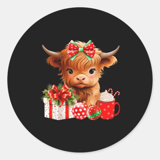 Cute Baby Highland Cow Merry Christmas Farmer Cow Runder Aufkleber (Vorderseite)