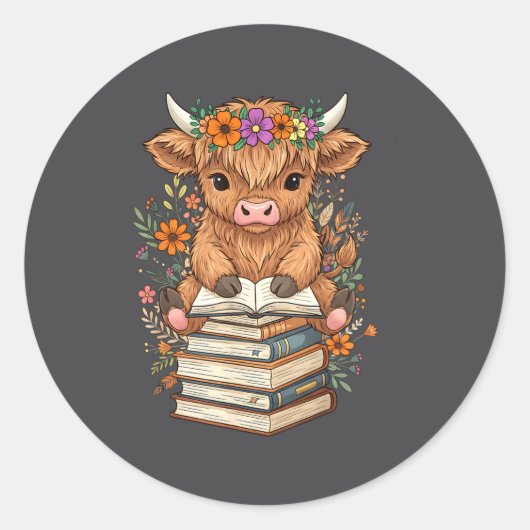 Cute Baby Highland Cow Reading Book Librarian Book Runder Aufkleber (Vorderseite)