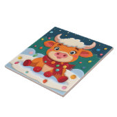 Cute Baby Highland Cow w Christmas Lights on Teal Fliese (Seite)