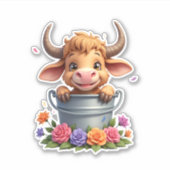 Cute Baby Highland Cow With flowers Calf Animal co Aufkleber (Vorderseite)