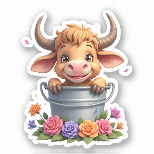 Cute Baby Highland Cow With flowers Calf Animal co Aufkleber (Vorderseite)
