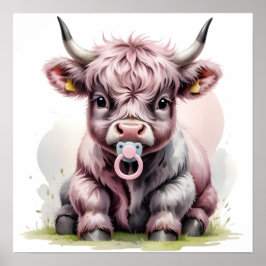 Cute Baby Highland Cow with Flowers – Farm Nursery Poster