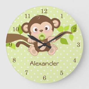 Cute Baby Monkey Green Polka Dots Wall Clocks Große Wanduhr