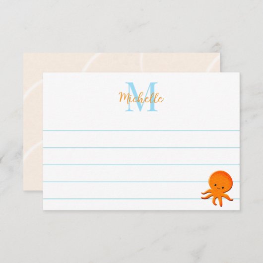 Cute Baby Octopus Custom Lined Monogram Mitteilungskarte (Vorne/Hinten)