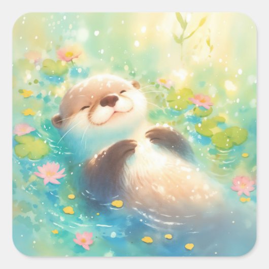Cute Baby Otter Floating in Sunlit Blue Pond Quadratischer Aufkleber (Vorderseite)