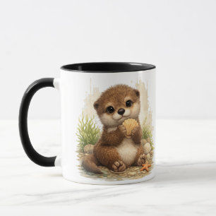 Cute Baby Otter Seashell Cartoon Coffee Mug Tasse