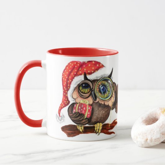 Cute Baby Owls In Christmas Hat and Gift For You Tasse (Mit Donut)