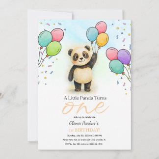 Cute Baby Panda Balloon 1st Birthday Party Peach Einladung