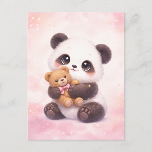 Cute Baby Panda Hugging Teddy Bear Postcard Postkarte (Vorderseite)