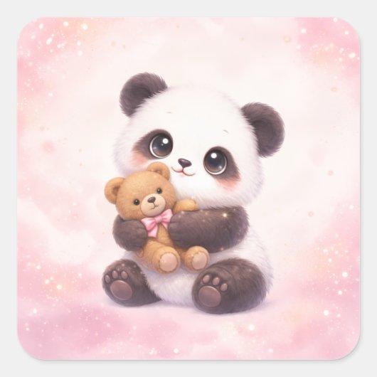 Cute Baby Panda Hugging Teddy Bear Square Sticker (Vorderseite)