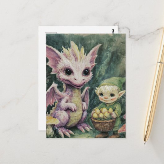 Cute Baby Purple Dragon and Elf With Eggs Postkarte (Vorderseite/Rückseite Beispiel)