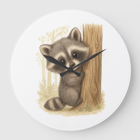 Cute Baby Raccoon Peek-a-Boo Forest Große Wanduhr (Vorderseite)