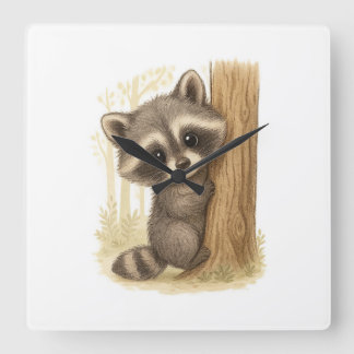Cute Baby Raccoon Peek-a-Boo Forest Quadratische Wanduhr