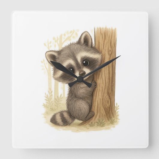 Cute Baby Raccoon Peek-a-Boo Forest Quadratische Wanduhr (Vorderseite)