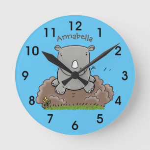 Cute baby rhino cartoon illustration runde wanduhr