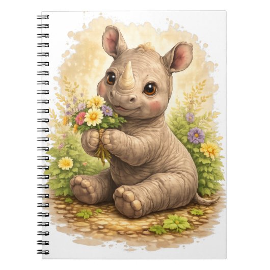 Cute Baby Rhino Floral Spiral Notebook Notizblock (Vorderseite)