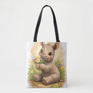 Cute Baby Rhino Floral Tote Bag Kawaii Tasche