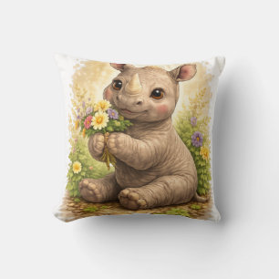 Cute Baby Rhino With Flowers Kawaii Safari Animal  Kissen