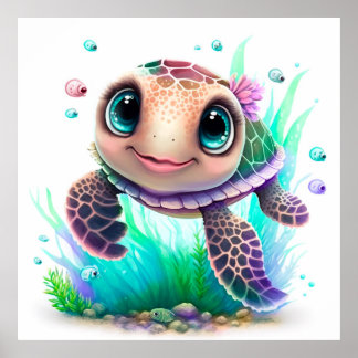 Cute Baby Sea Turtle Illustration – Adorable Ocean Poster