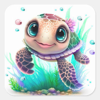 Cute Baby Sea Turtle Illustration – Adorable Ocean Quadratischer Aufkleber