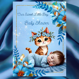 Cute Baby Shower Boy Blue Little Cat Kitten Einladung