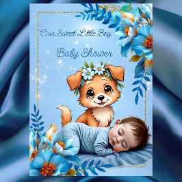 Cute Baby Shower Boy Blue Little Puppy Dog Einladung