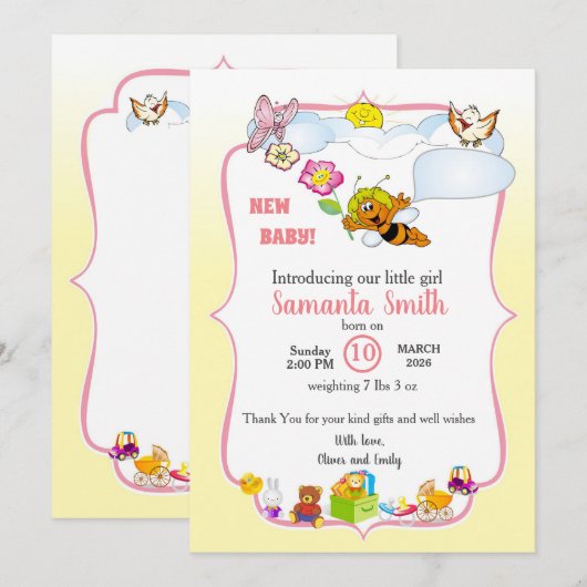 Cute Baby Shower Invitation for girl Einladung (Vorne/Hinten)