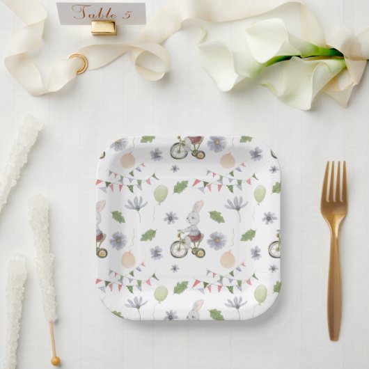 Cute Baby Spring Summer Rabbit On A Bike Pattern Pappteller (Hochzeit)
