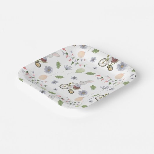 Cute Baby Spring Summer Rabbit On A Bike Pattern Pappteller (Gewinkelt)