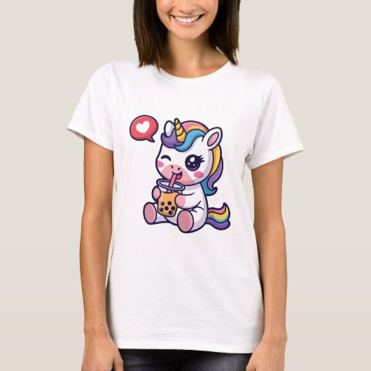 Cute Baby Unicorn Drinking Bubble Tea Funny Boba T-Shirt (Vorderseite)