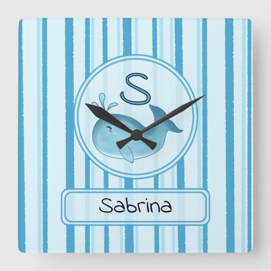 Cute Baby Whale Blue Stripes Quadratische Wanduhr (Vorderseite)