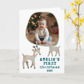 Cute Baby's 1st Christmas Photo Reindeer Holiday Karte (Gelbe Blume)