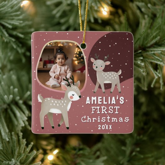 Cute Baby's 1st Christmas Photo Reindeer Keramikornament (Baum)