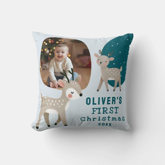Cute Baby's 1st Christmas Photo Reindeer Kissen (Vorderseite)