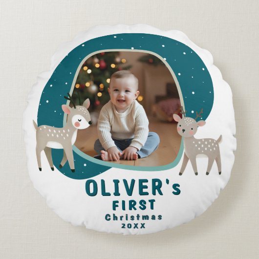 Cute Baby's 1st Christmas Photo Reindeer Rundes Kissen (Vorderseite)