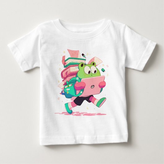 Cute Back to School Frog with Books and Backpack Baby T-shirt (Vorderseite)