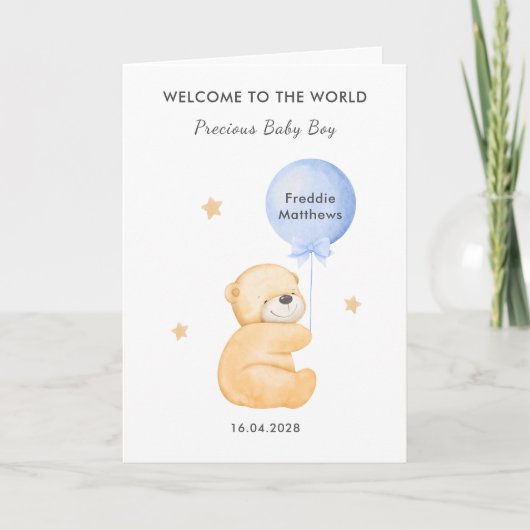 Cute Balloon Bear Welcome Baby Boy Card Karte (Vorderseite)