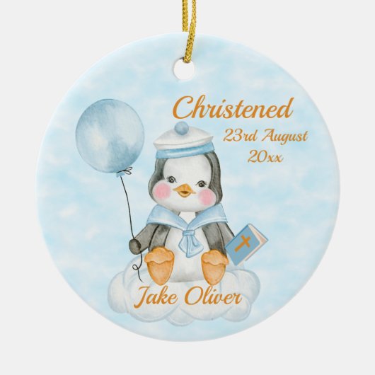 Cute Baptism Baby Boy Penguin Blue Keramik Ornament (Vorne)